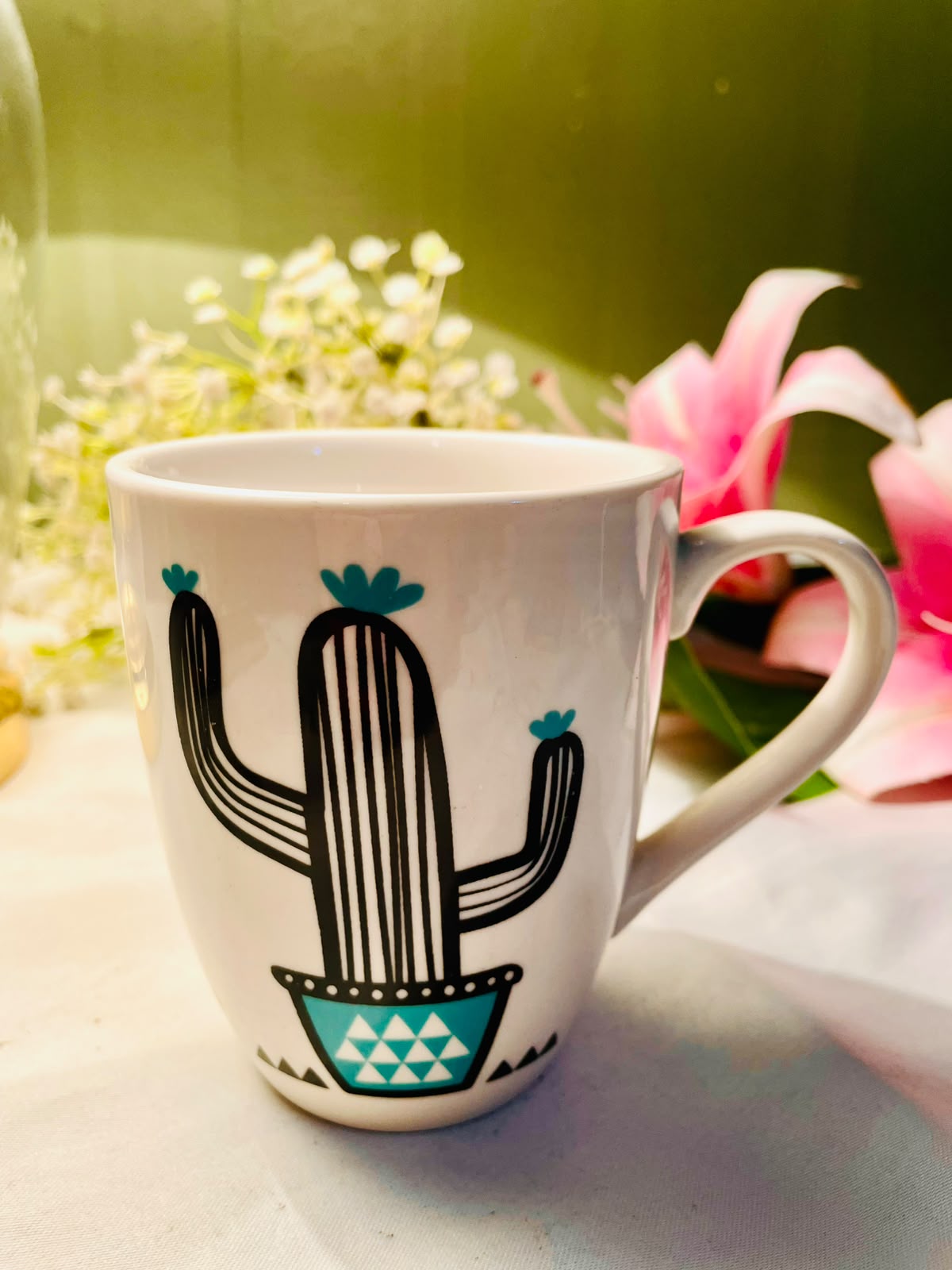 White Ceramic Cactus Mug – Black & Turquoise Design, 4 Inch