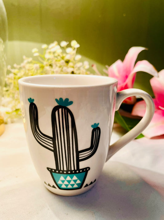 White Ceramic Cactus Mug – Black & Turquoise Design, 4 Inch