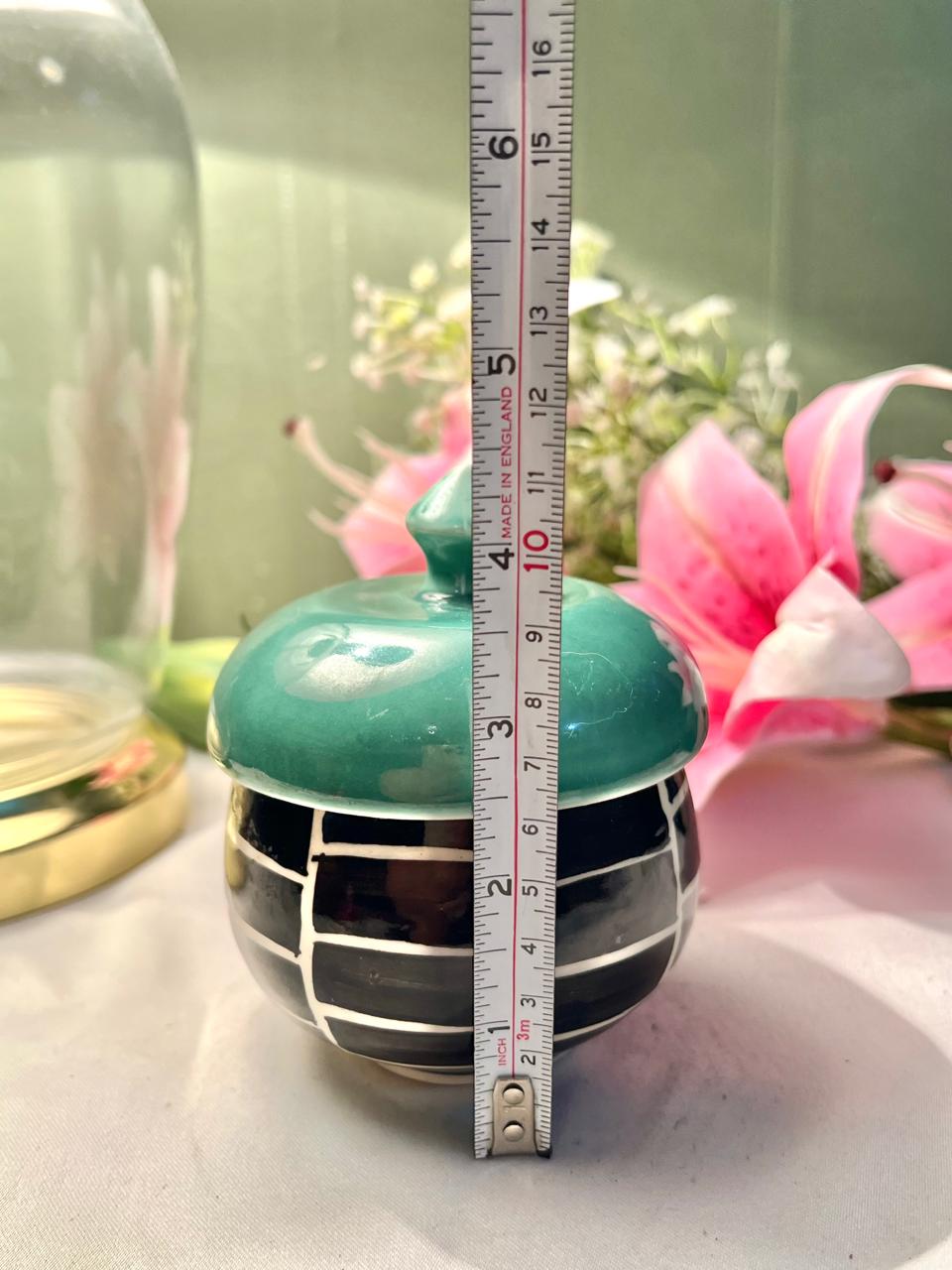 Hand Painted Teal & Black Ceramic Lidded Jar 10cm
