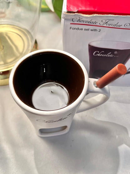 Chocolate Fondue Mug Set White Ceramic with Tea Light 12cm