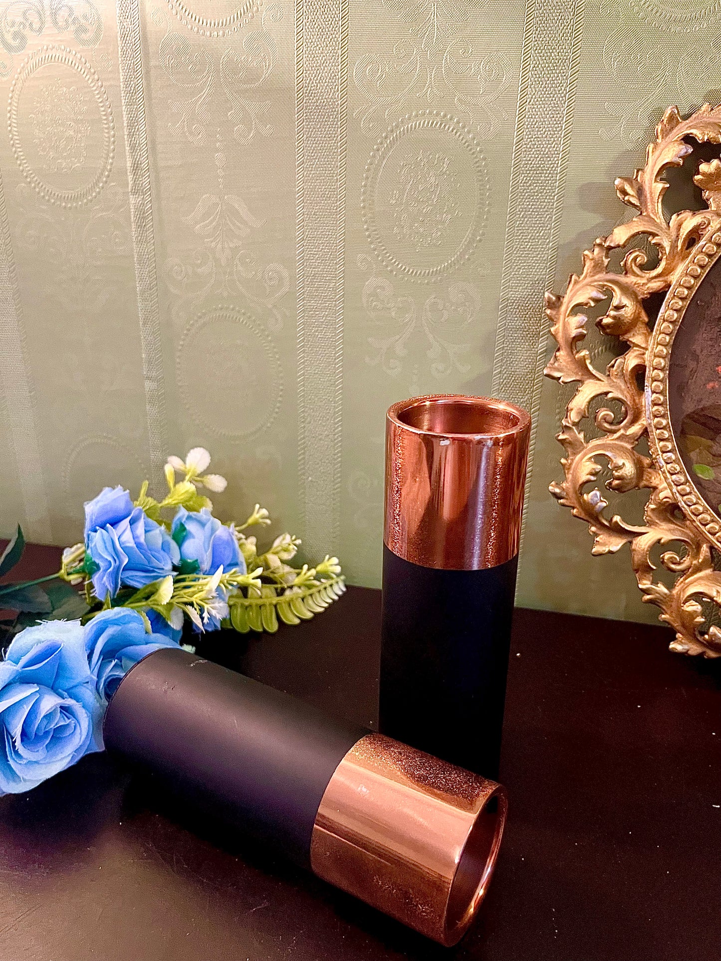 Pair of Black & Copper Cylinder Candle Holders