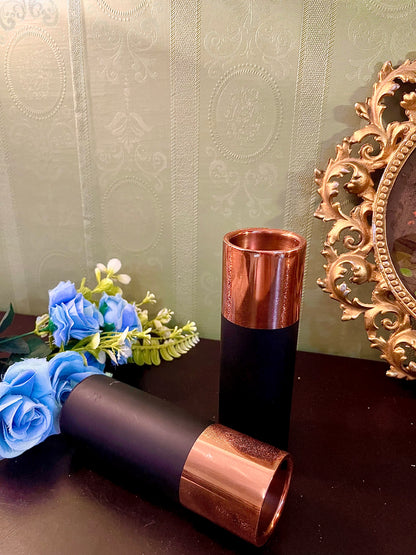 Pair of Black & Copper Cylinder Candle Holders