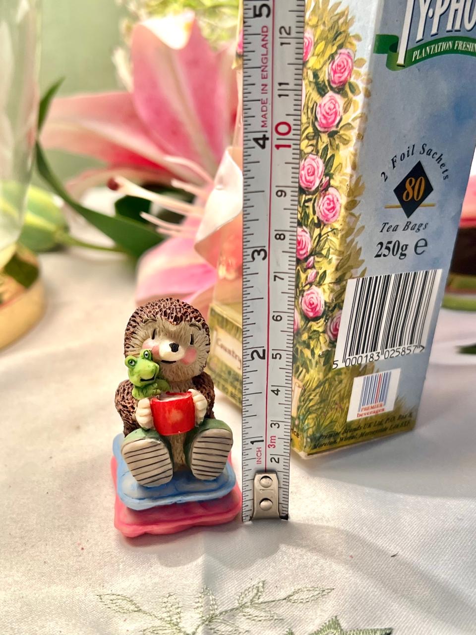 Miniature Hedgehog & Frog Figurine with Red Mug