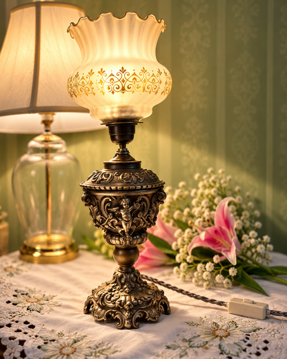 Ornate SilverTable Lamp with Frosted Shade Approx. 42 cm