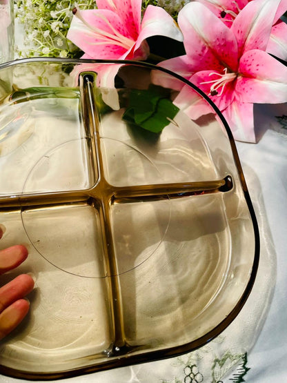 Vintage Amber Crystal 4-Compartment Serving Dish