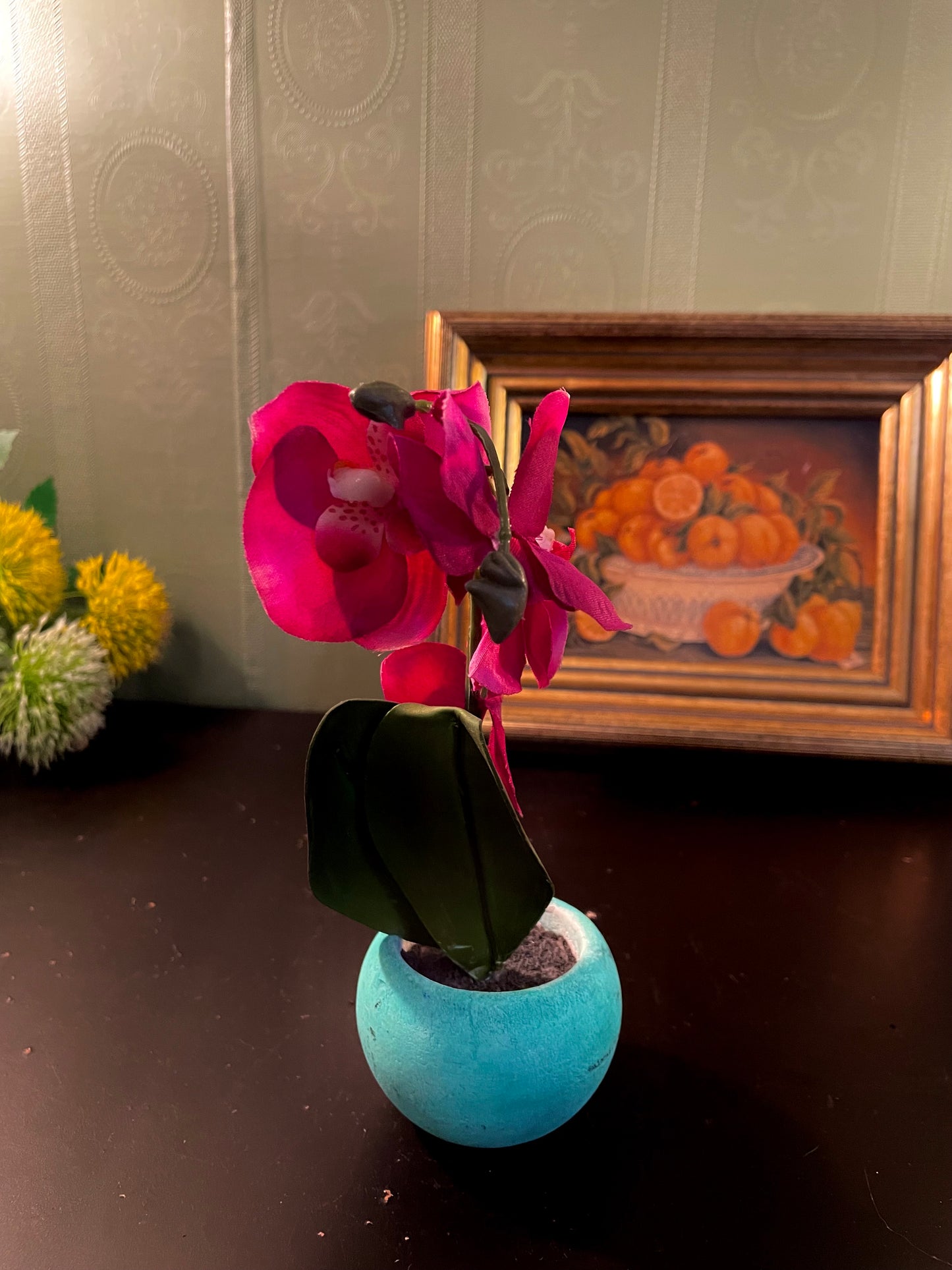 Artificial Pink Orchid in Turquoise Pot 7 Inch