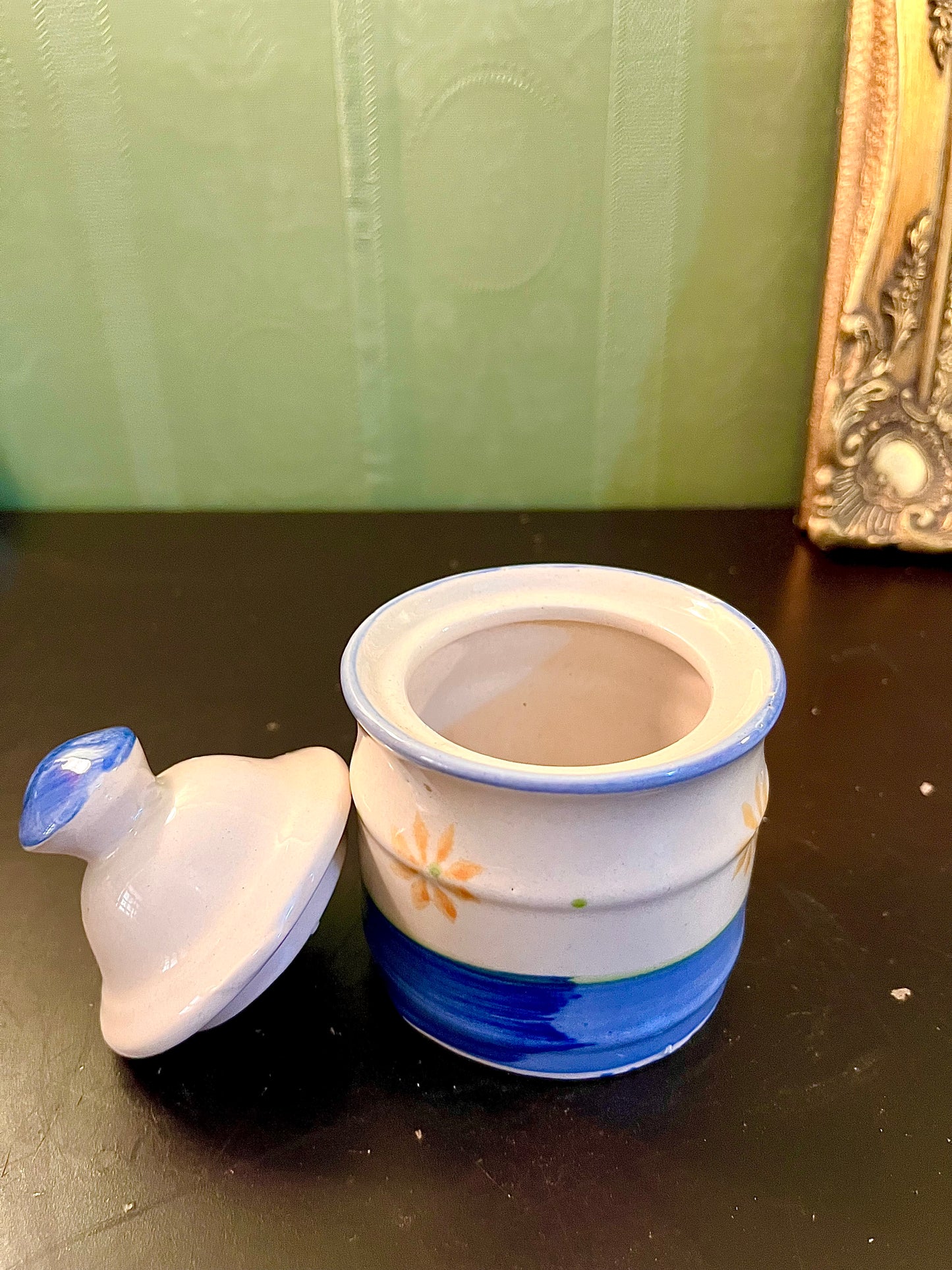 Blue & White Ceramic Sugar Bowl – Floral Lidded Jar