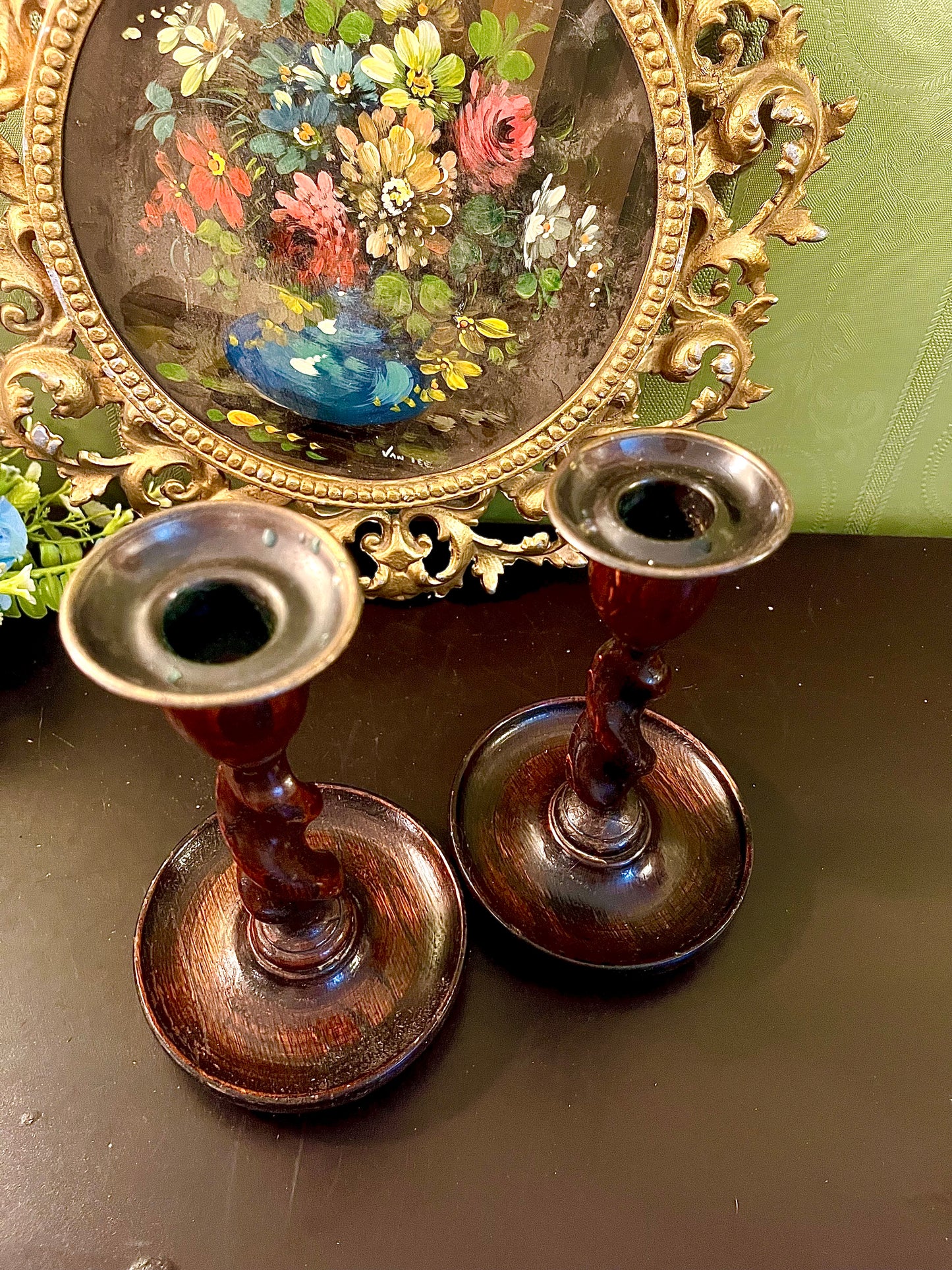 Pair of Dark Wood Spiral Pillar Candle Holders