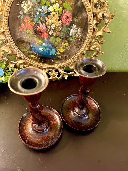 Pair of Dark Wood Spiral Pillar Candle Holders