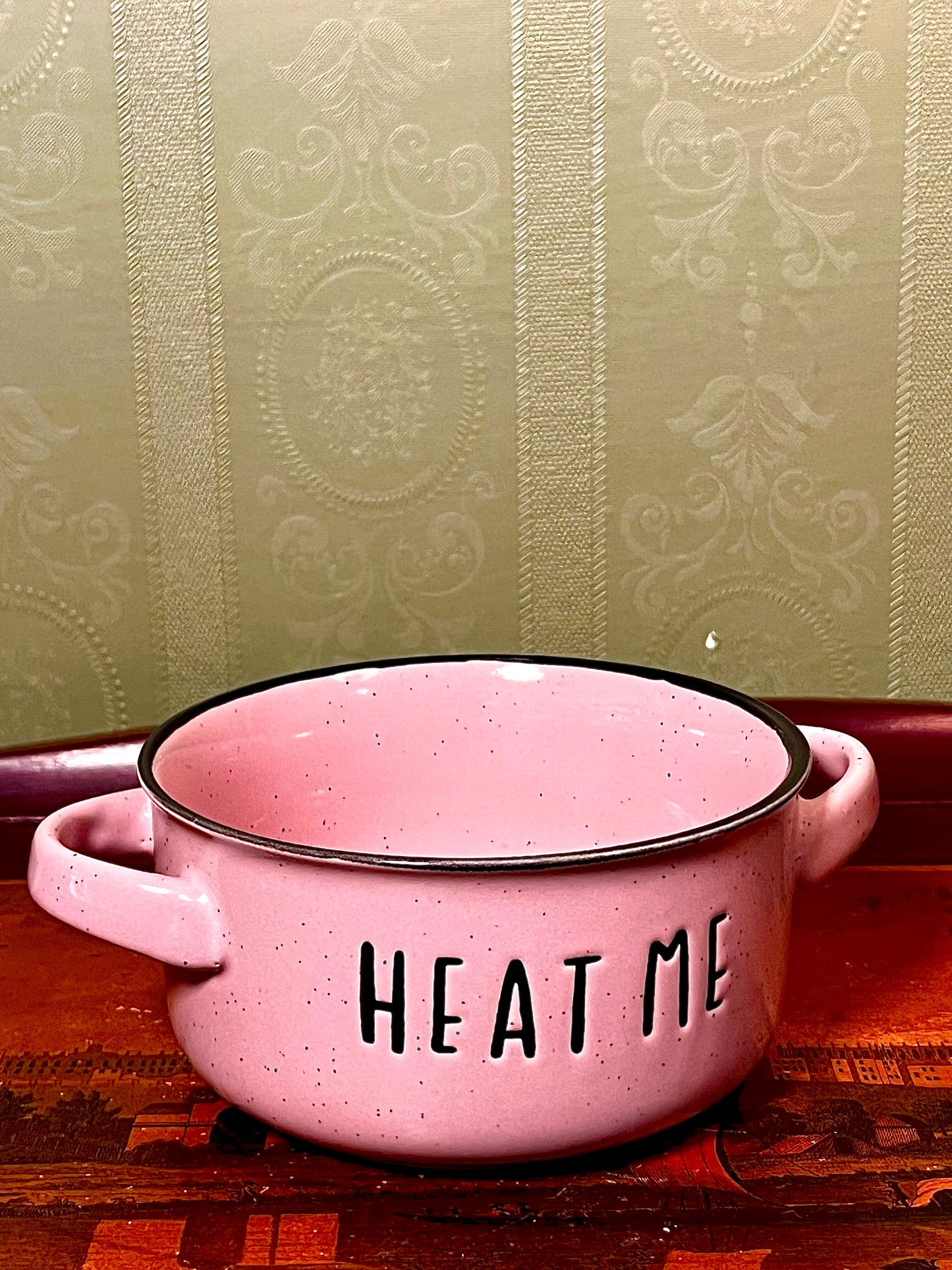 Pink “Heat Me” Ceramic Soup Mug Bowl with Double Handles Approx. 13cm Wide