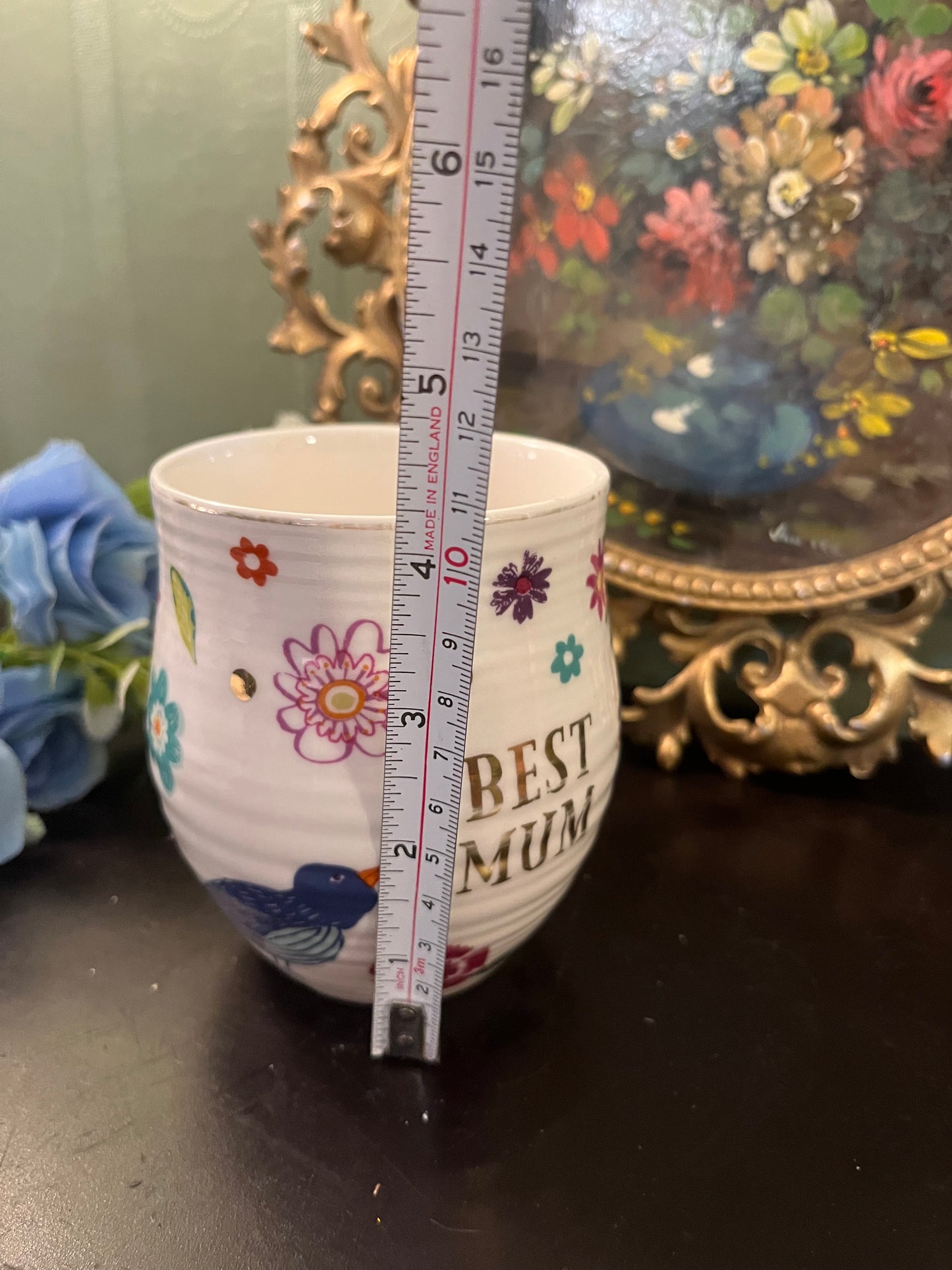 Best Mum Floral Bird Ceramic Mug with Gold Accents