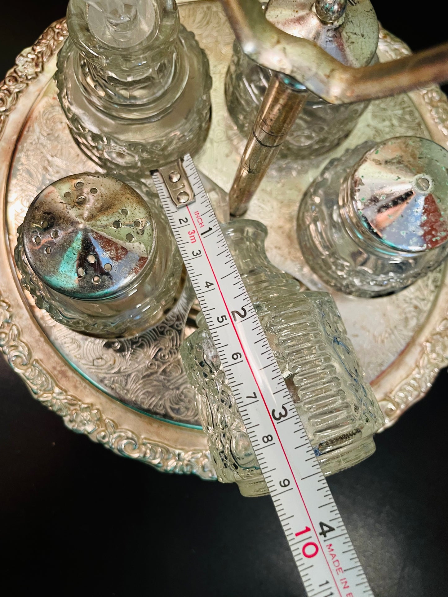 Vintage Crystal Cruet Set with Silver Tone Tray