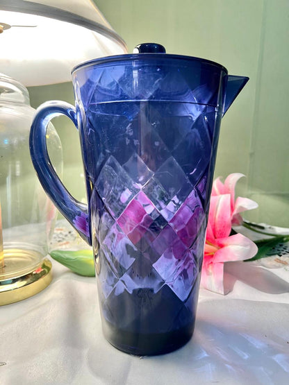 Vintage Melamine Blue Crystal Lidded Pitcher 10 in