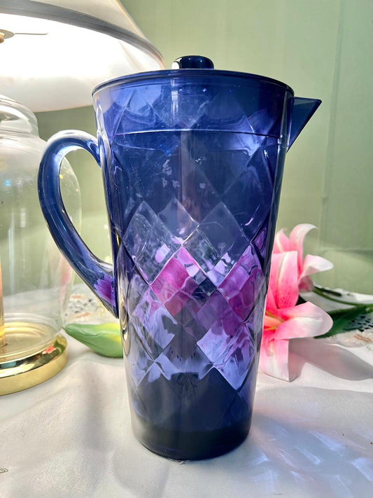 Vintage Melamine Blue Crystal Lidded Pitcher 10 in