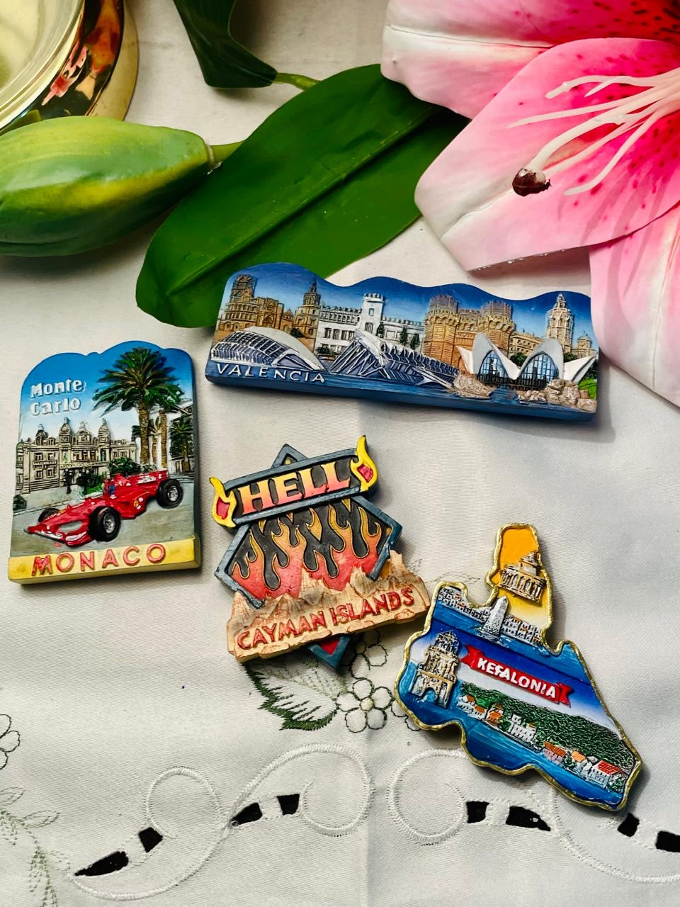 Fridge Magnet 4-Piece Travel Souvenir Set Monaco Valencia Cayman & Kefalonia