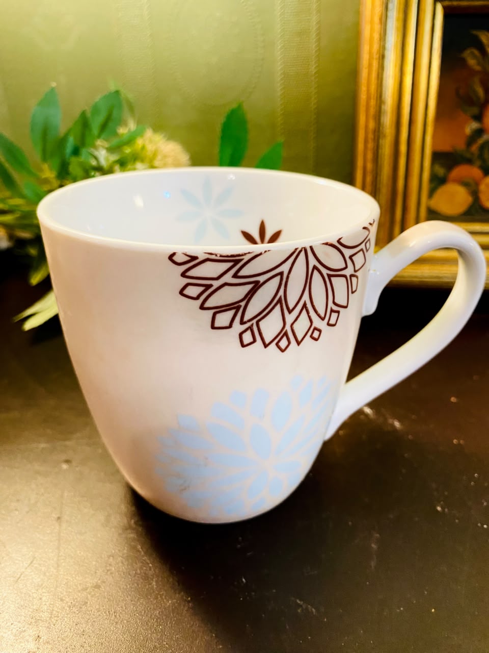 Modern Floral Ceramic Mug 4 Inch Blue & Brown Botanical Design