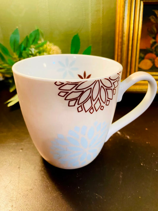 Modern Floral Ceramic Mug 4 Inch Blue & Brown Botanical Design