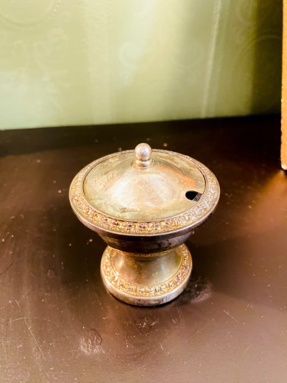Vintage Silver-Plated Lidded Open Salt Cellar 3 Inch with Blue Glass Insert