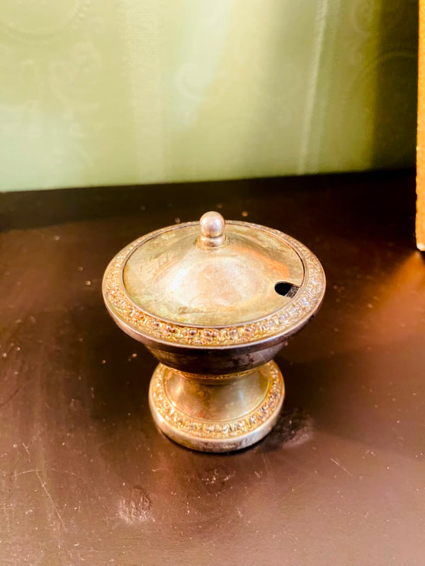 Vintage Silver-Plated Lidded Open Salt Cellar 3 Inch with Blue Glass Insert