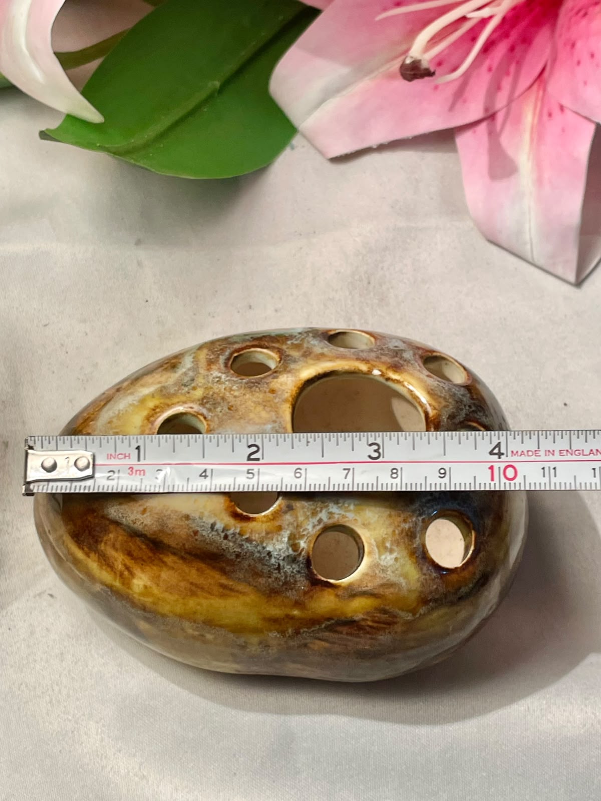 Vintage Ceramic Flower Frog Vase Brown Glaze 4 in