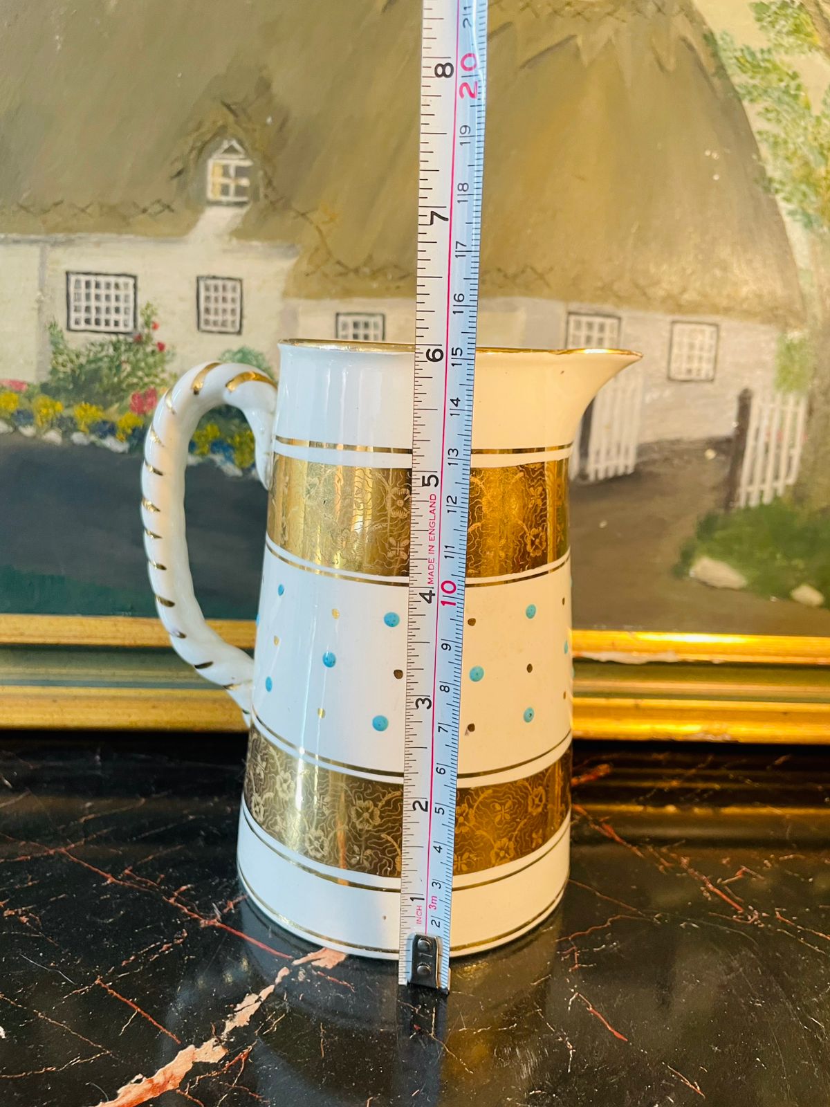 Vintage English Ceramic Jug with Gold & Turquoise Dot Design – 6 Inches Tall