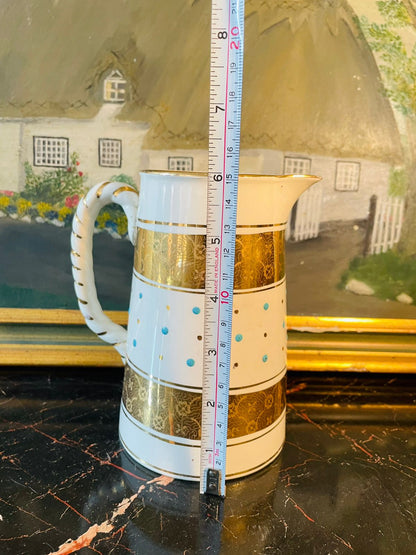 Vintage English Ceramic Jug with Gold & Turquoise Dot Design – 6 Inches Tall
