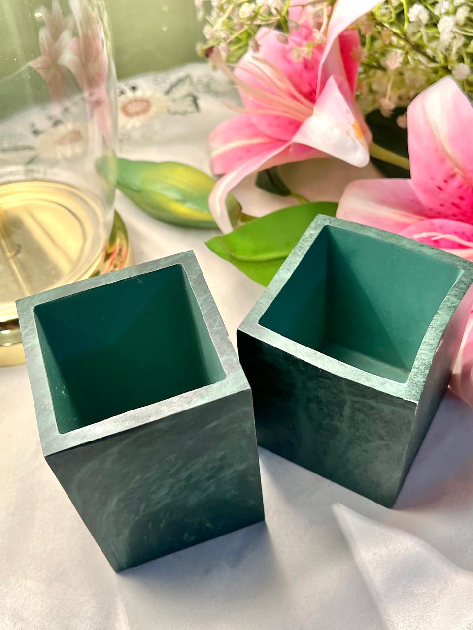 Set of 2 Green Wooden Desk Organisers / Vase Set of 2  – Graduated Rectangular Design