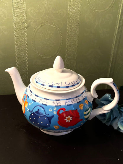 Vintage Tea Time Teapot Ceramic Blue Kitchen Tea Pot