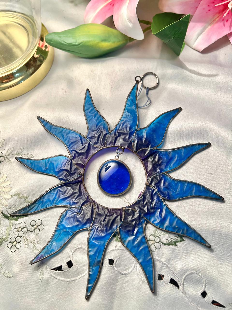 Blue Crystal Sun Hanging Ornament 8.5"
