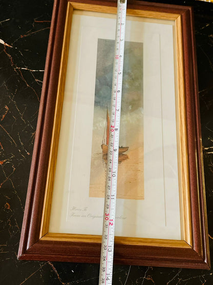 Set of 2 Vintage Framed Art Prints – “Church Gate” & Sailboat – Slim Landscape Artwork – Wooden Frames