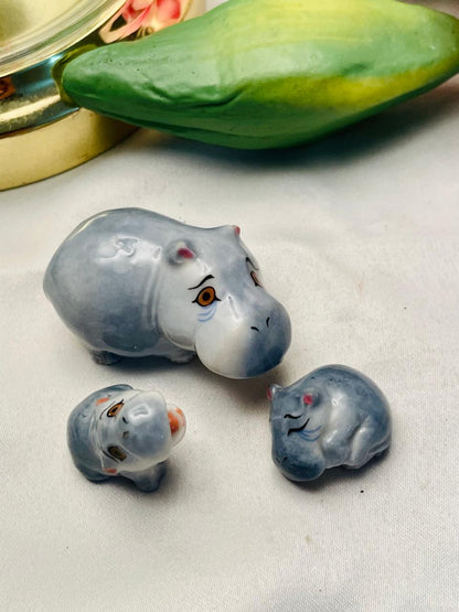 Vintage Ceramic Hippo Family Figurines – Set of 3, Grey Glazed Miniatures