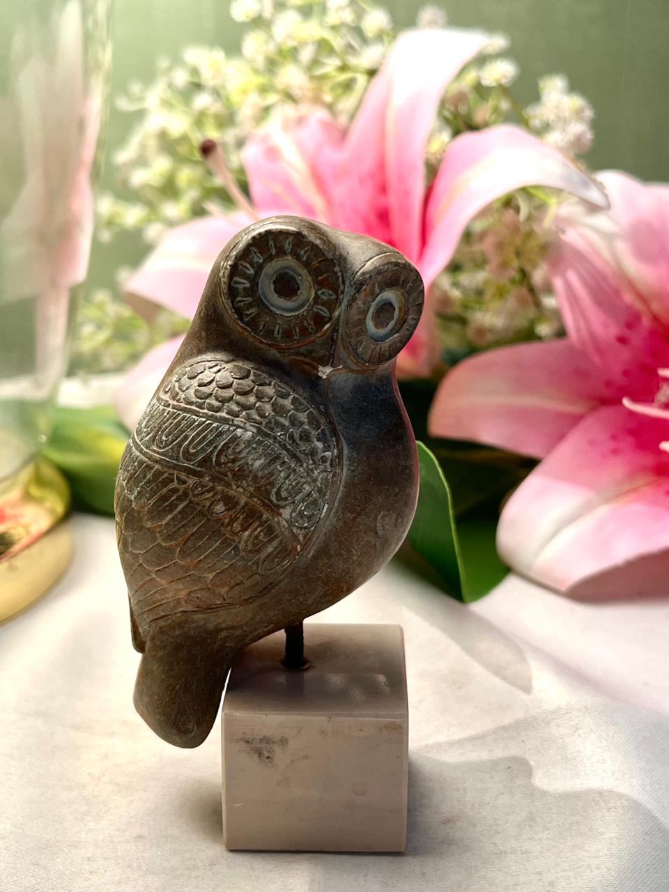 Vintage Bronze-Tone Owl Figurine on Stone Base Approx. 11 cm