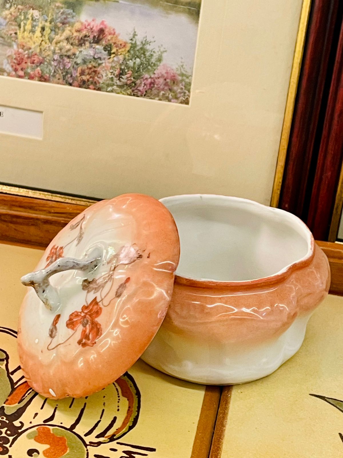 Vintage Peach Ceramic Trinket Box with Floral Lid