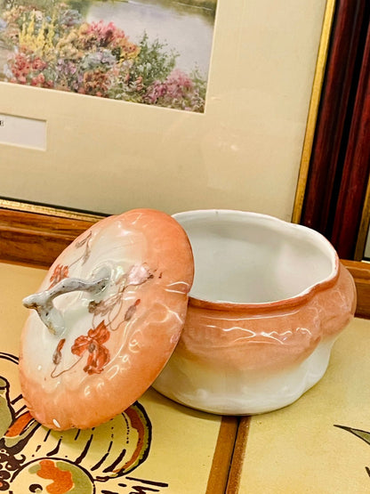 Vintage Peach Ceramic Trinket Box with Floral Lid
