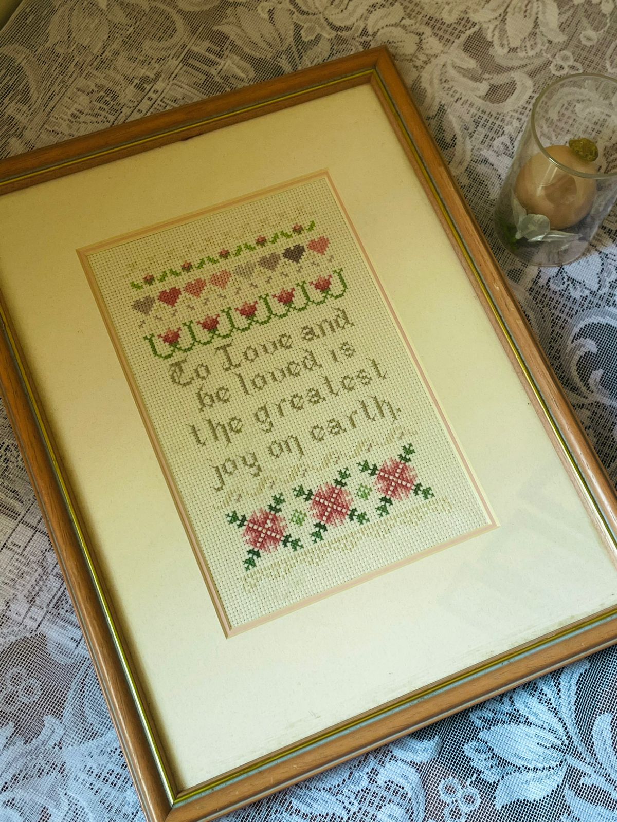 Handmade Cross Stitch Art in Frame – “To Love and Be Loved” Wall Decor