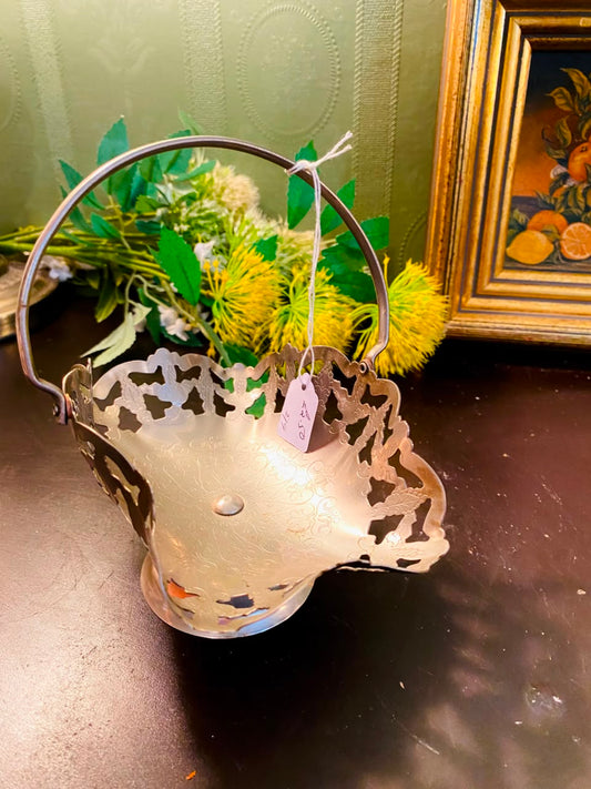 Vintage Silver-Plated Pierced Bon Bon Basket 6 Inch with Handle