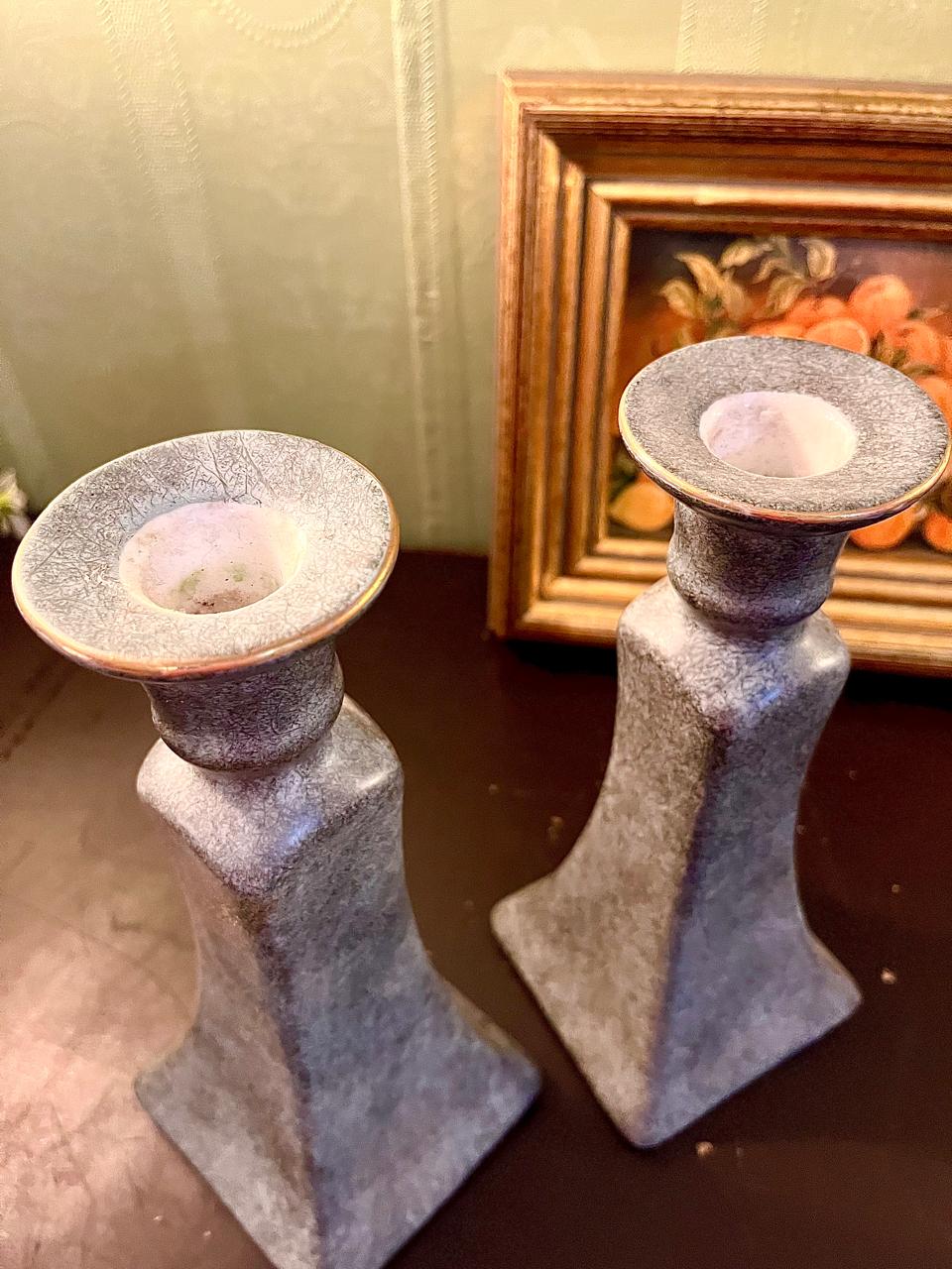 Vintage Grey Ceramic Candlestick Holders Pair – 9 Inch