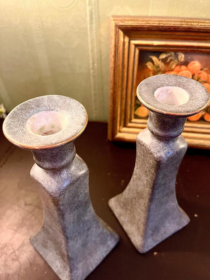Vintage Grey Ceramic Candlestick Holders Pair – 9 Inch