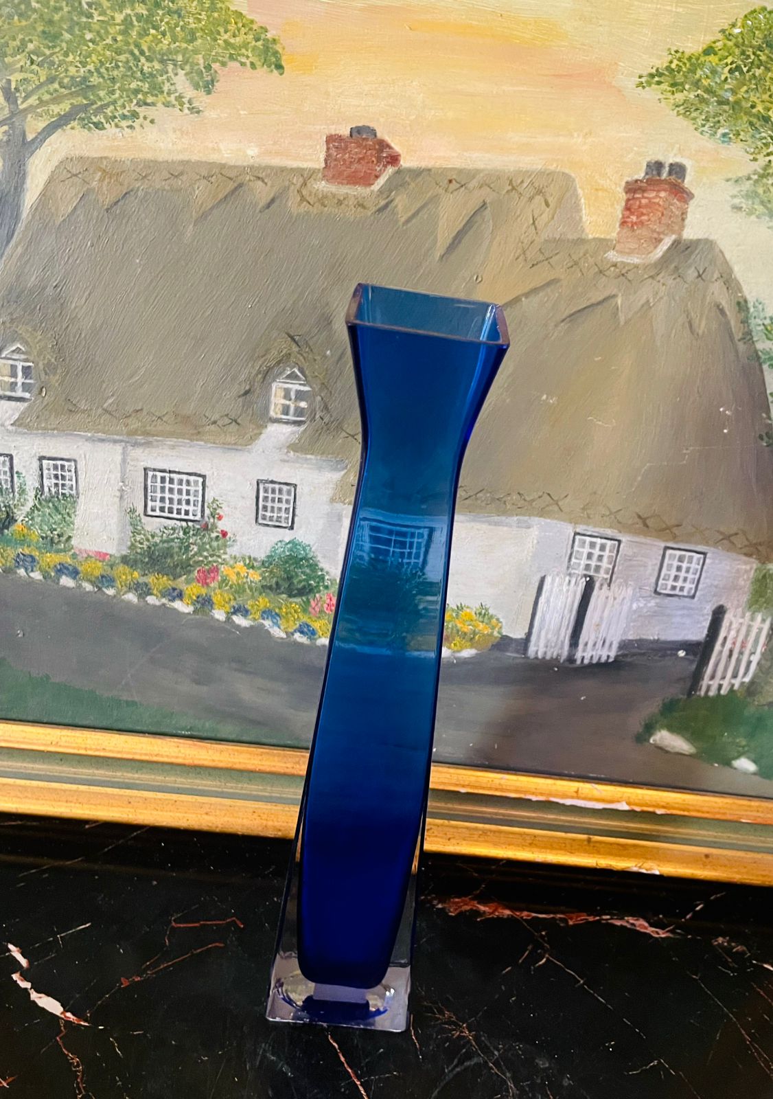 Tall Cobalt Blue Art Glass Vase – Modern Rectangular Design, 10 Inch