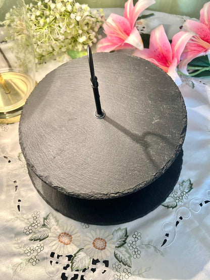 10 Inch Black Slate Stone Two-Tier Serving Stand