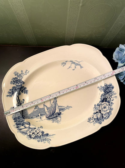 Vintage Blue Transferware Oval Serving Platter 14 Inch