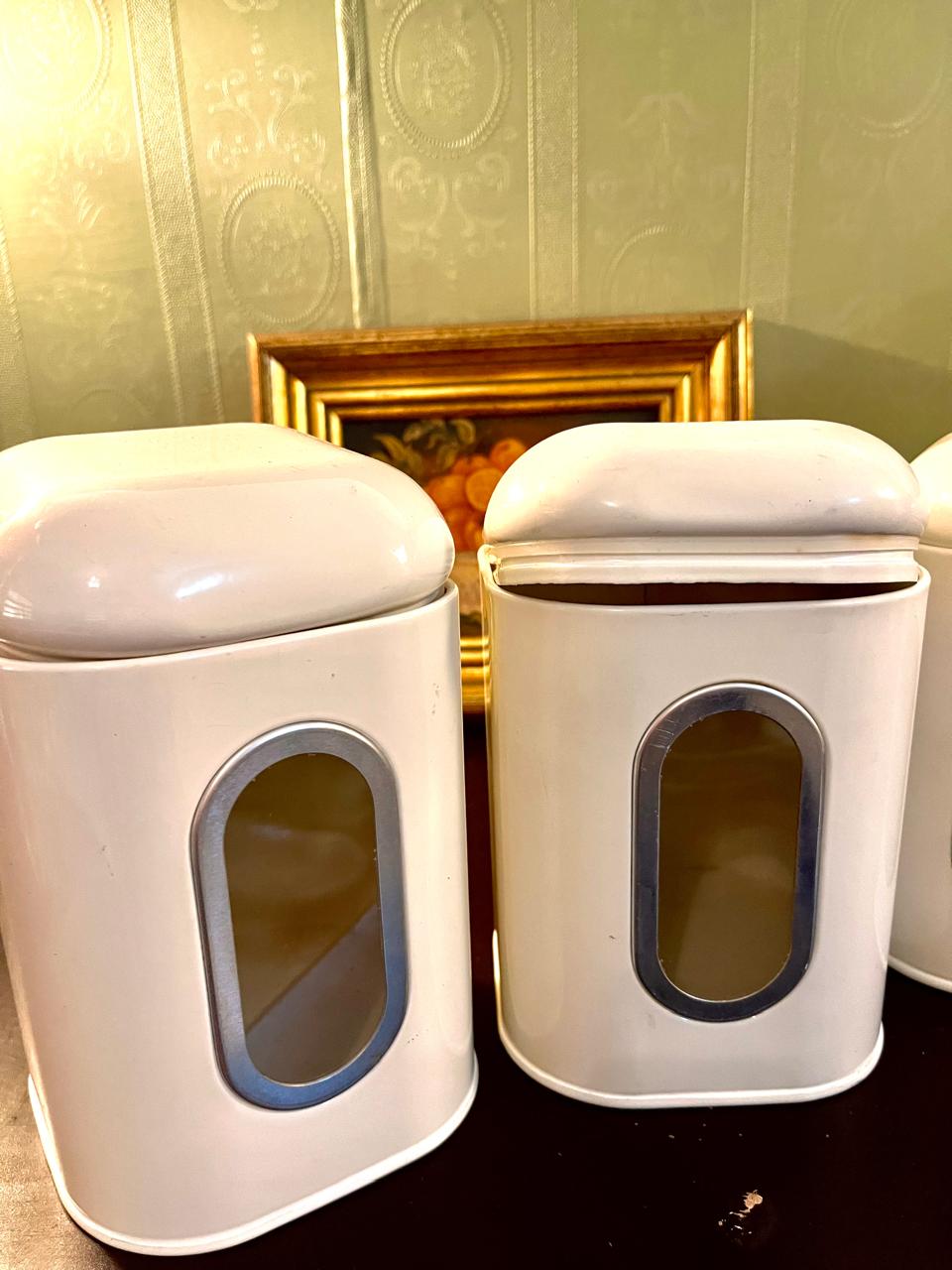 Vintage White Metal Kitchen Storage Jars Set with Viewing Window – Set of 3