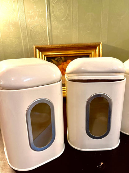 Vintage White Metal Kitchen Storage Jars Set with Viewing Window – Set of 3