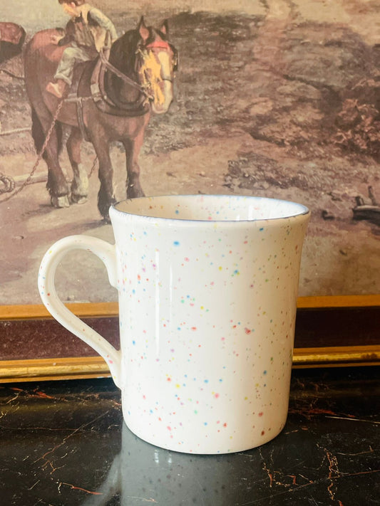 vintage speckled mug, confetti ceramic mug england, colorful retro coffee mug, english pottery mug pakistan, minimal ceramic tea mug, multicolor dots mug, collectible ceramic mug england, rainbow speckle mug pakistan, oven safe coffee mug, vintage crockery pakistan, classic english mug design, handmade speckled mug, cheerful ceramic tea cup, english vintage kitchenware, thrift ceramic mug pakistan