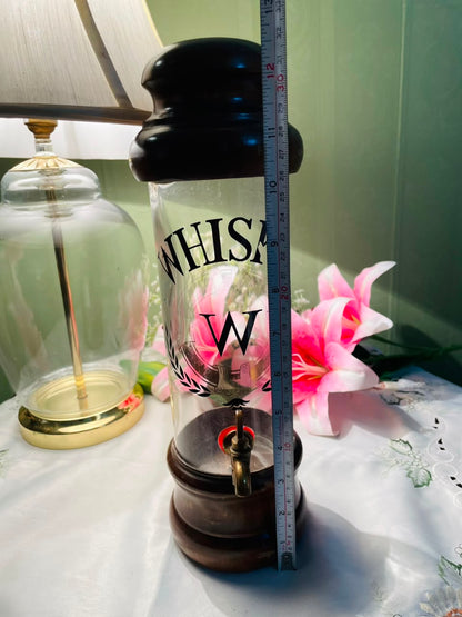 Vintage Glass Whisky Dispenser with Tap & Dark Wood Base Approx. 31 cm