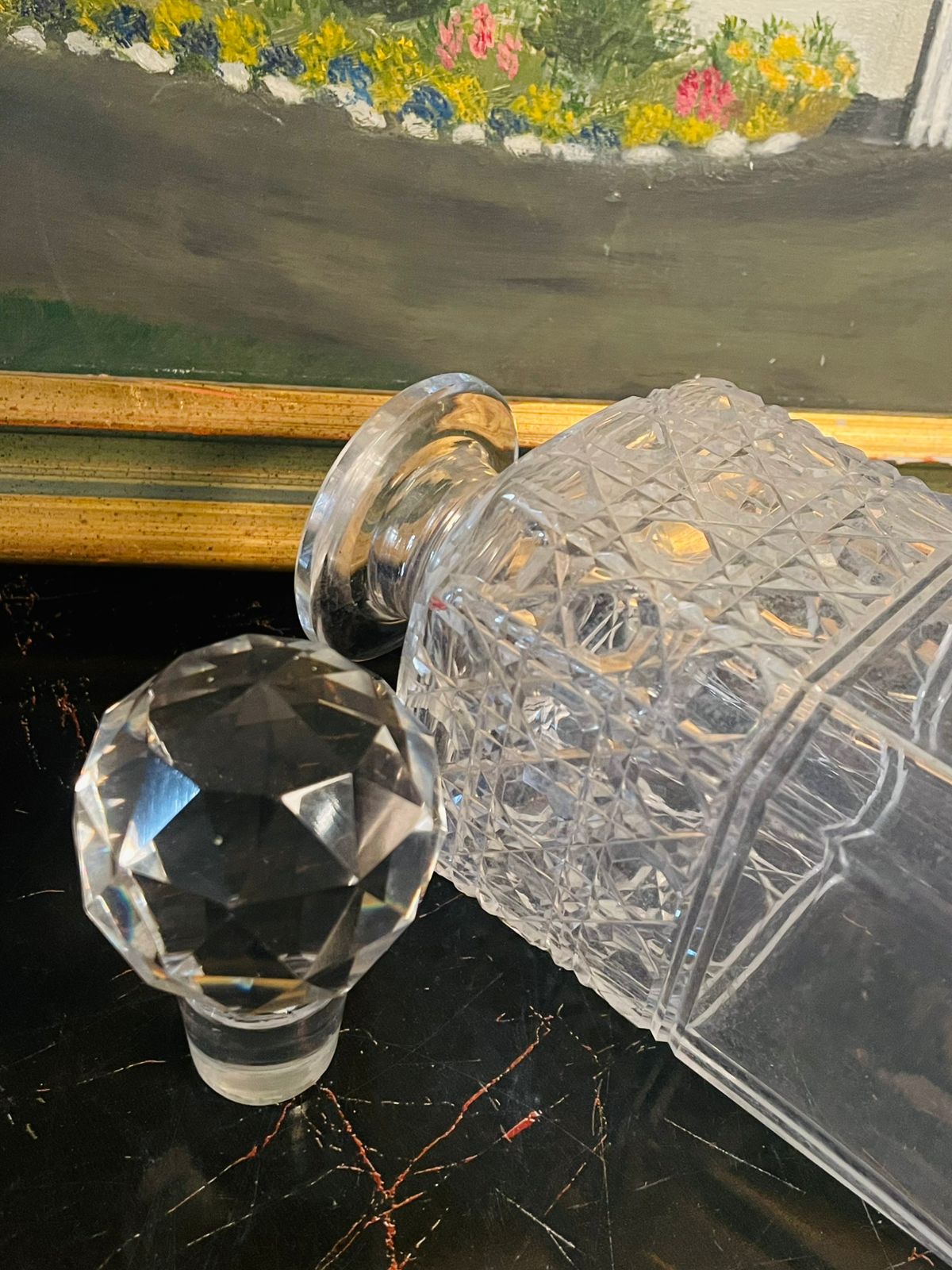 Vintage Cut Crystal Decanter with Faceted Stopper ( 21.5cm )– Diamond Pattern & Star Base. ENGLAND