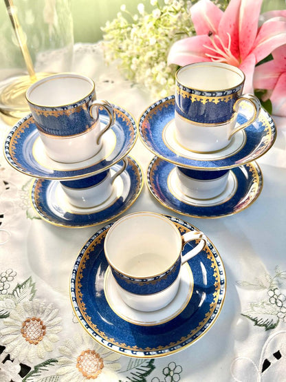 Vintage Cobalt Blue & Gold English Coffee Cup & Saucer Set – 10 Pieces