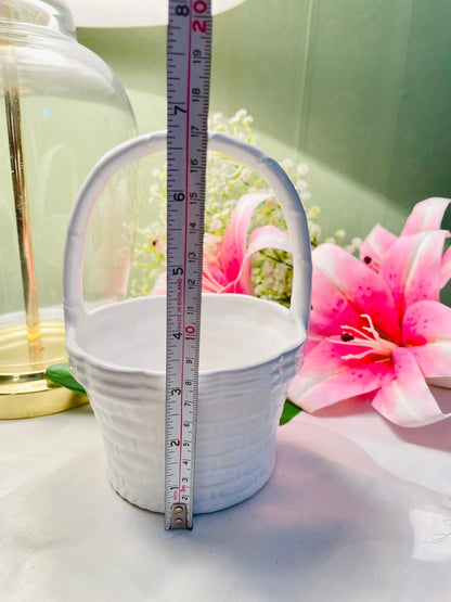 White Ceramic Basket with Handle – Woven-Effect Decorative Planter 16 cm
