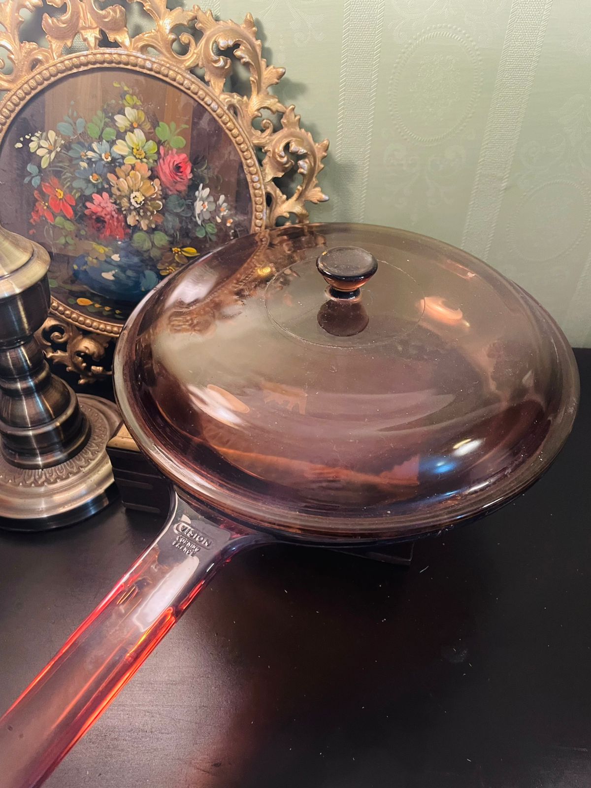 Vintage Corning Ware Amber Vision Glass Covered Skillet