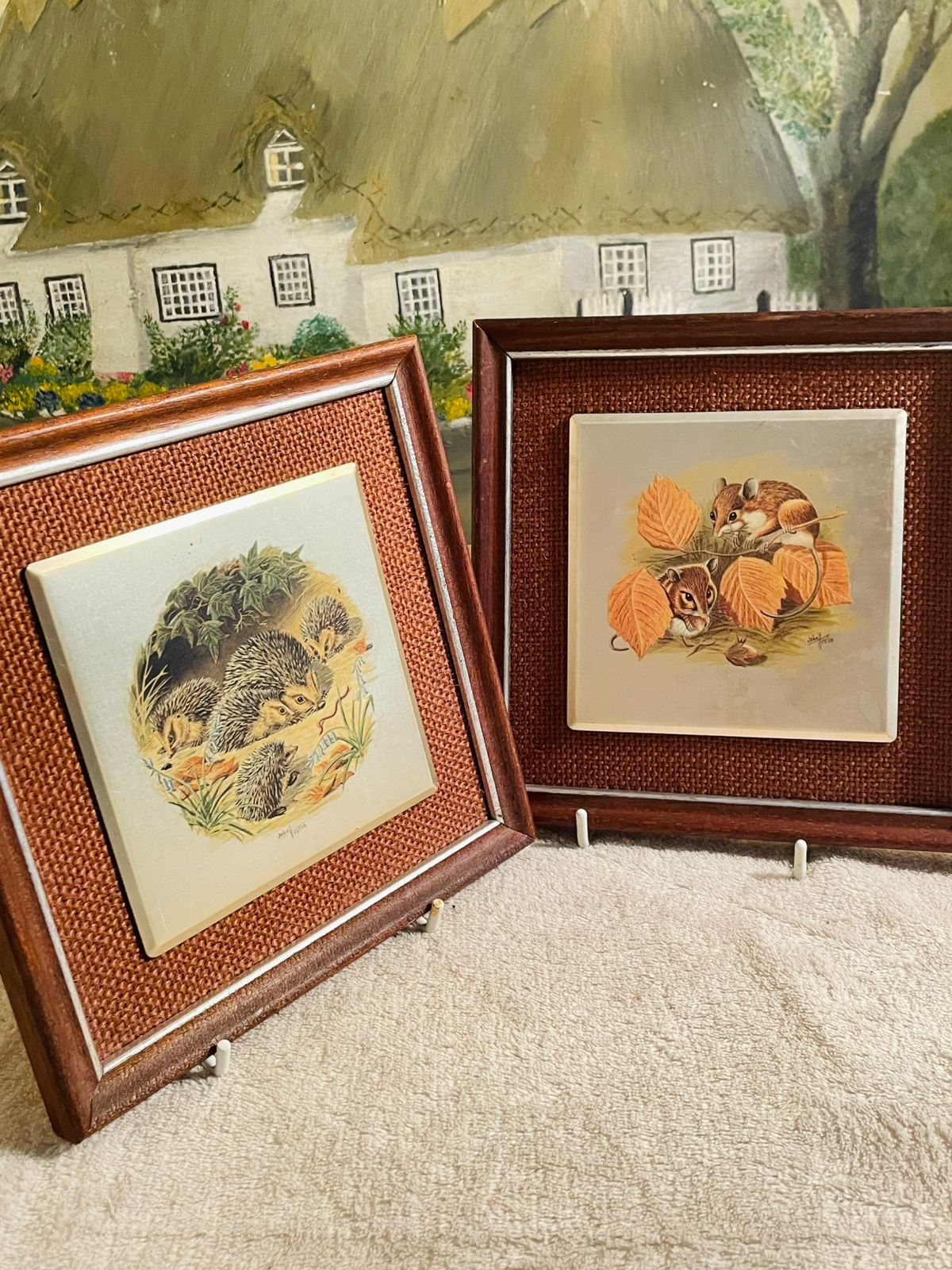 Set of 2 Vintage 1970’s Metallic Picture Frames – Hedgehog & Mouse by John Heaton